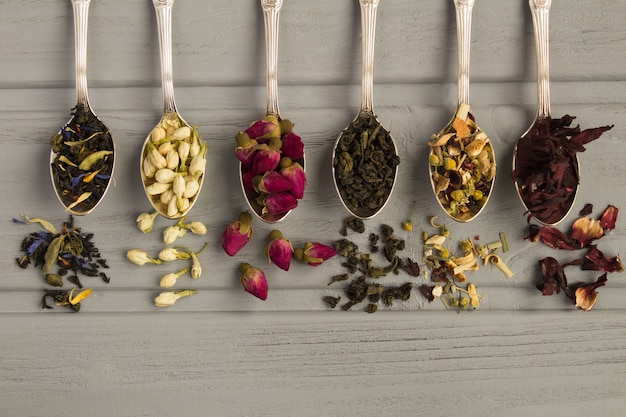Tea composition.Different varieties of tea in the silver spoons on the grey wooden  background.Top view.Copy space.