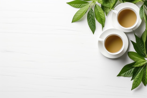 Tea Concept Two White Cups of Tea and Teapot Surrounded with Green Tea Leaves AI Generated