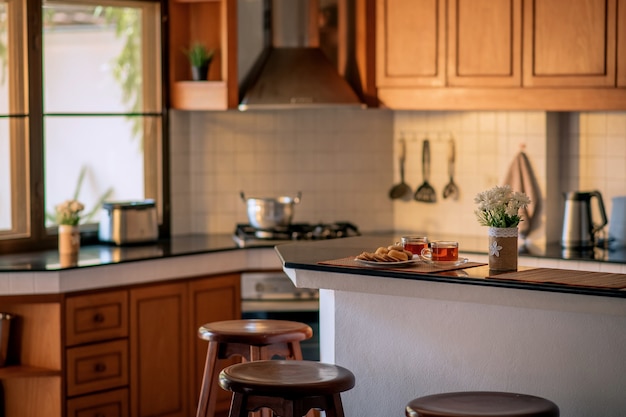 Tea and cookies on a kitchen counter