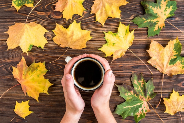 Tea cup and autumn leaves on wooden background.