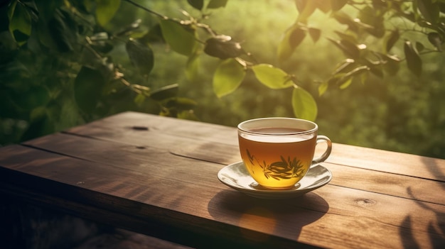 Tea cup on natural background Illustration AI GenerativexD