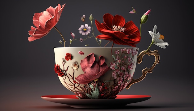 Tea cup red print flowers watercolor ai generated art