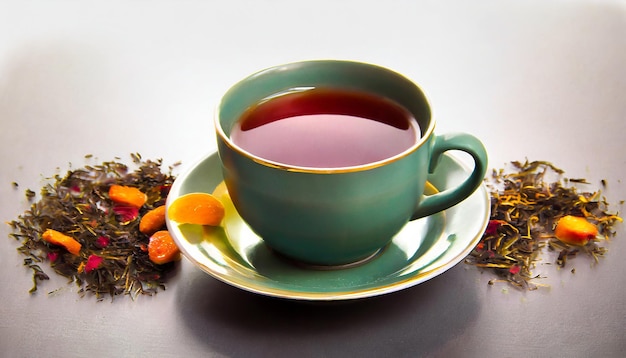 tea in a cup on a saucer with a floral pattern