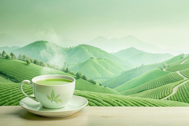 Photo a tea cup and saucer with a green tea cup on a table