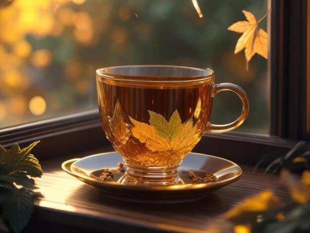 Photo a tea cup on a table in autumn