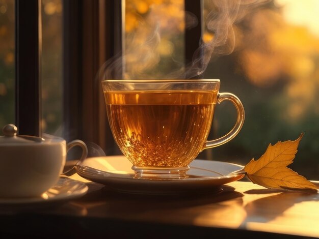 Photo a tea cup on a table in autumn