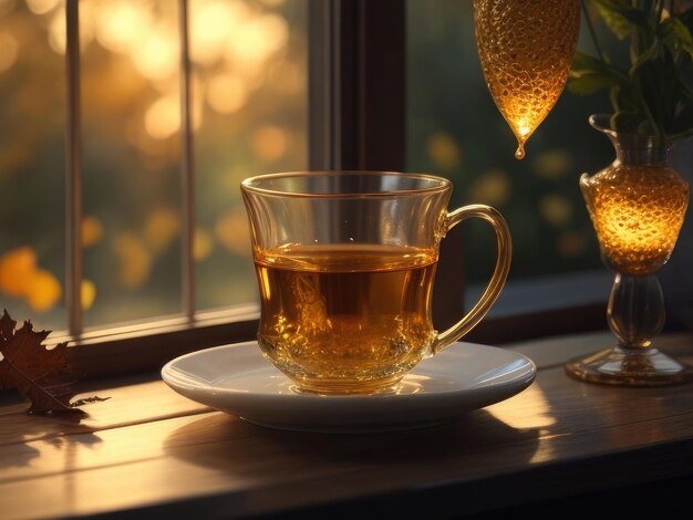 Photo a tea cup on a table in autumn