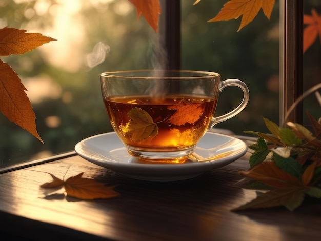 Photo a tea cup on a table in autumn