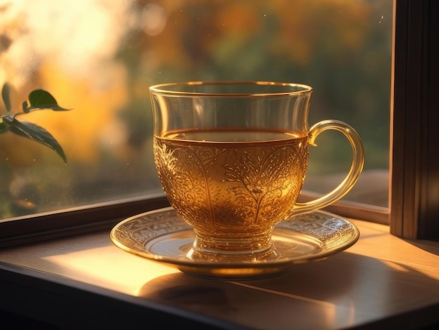 Photo a tea cup on a table in autumn