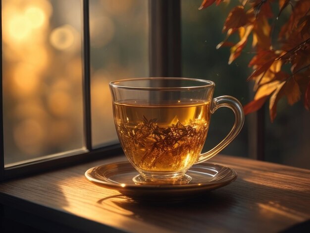 Photo a tea cup on a table in autumn