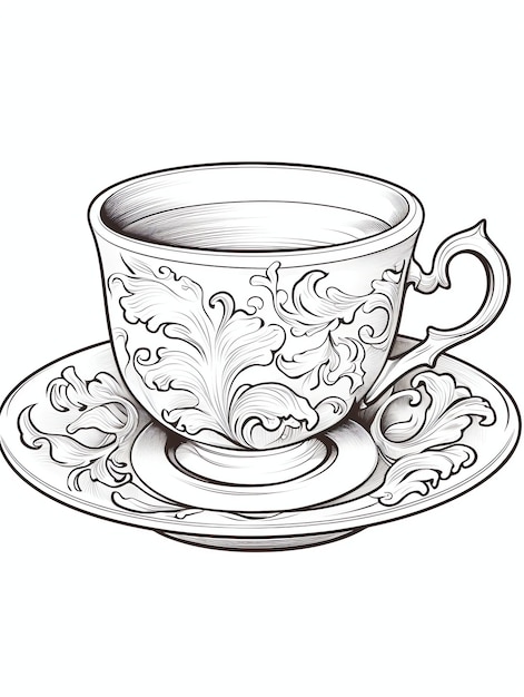 Foto coppa da tè pagina da colorare del libro tea party in bianco e nero per bambini e adulti