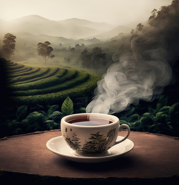 Tea in a cup on a tea plantation Generative AI
