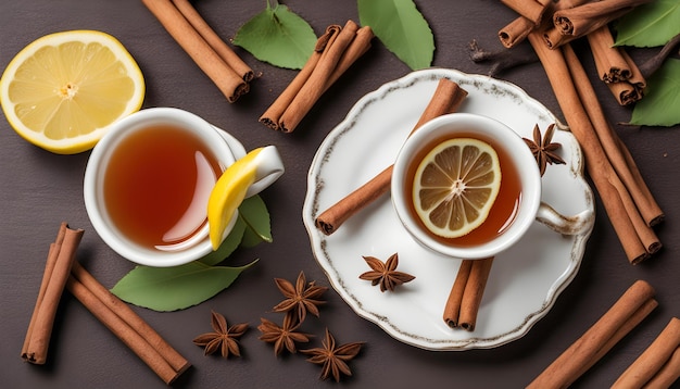 Photo a tea cup with cinnamon sticks and cinnamon sticks on a table