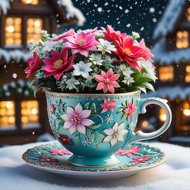 A tea cup with flowers on it and snow on the bottom