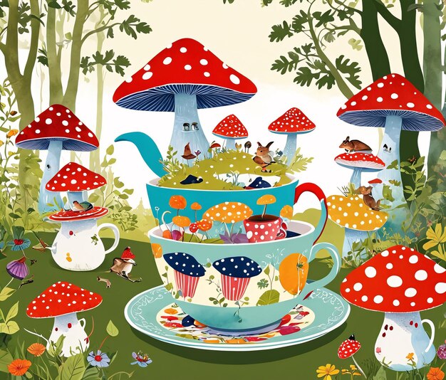 a tea cup with mushrooms and birds in the forest