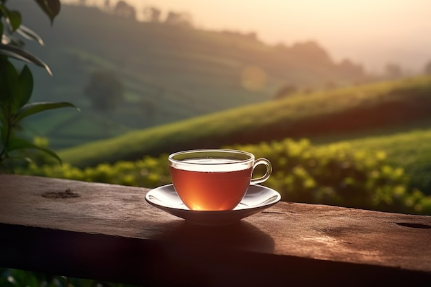 Tea cup with on the wooden table and the tea plantations background generative ai