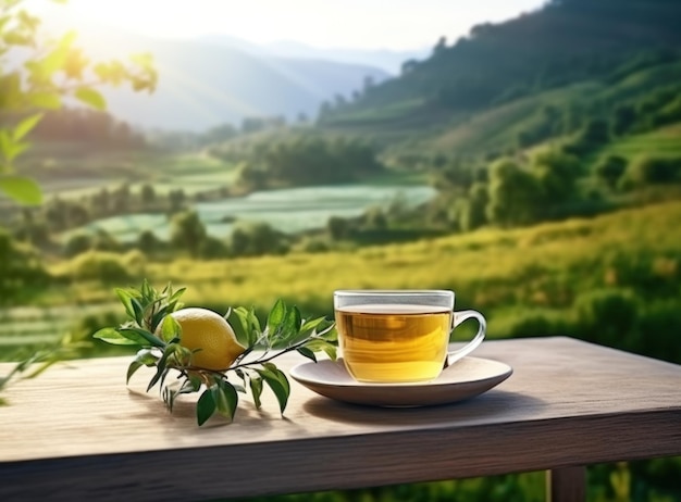 Tea in cup on a wooden table with green field in the background