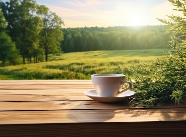 緑の野原を背景に木のテーブルの上にカップに入ったお茶