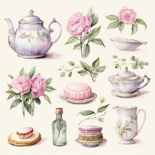 Photo tea cups and dessert watercolor clipart elements for journal scrapbooking and stickers