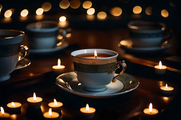 Photo tea cups with a candle in the middle of them