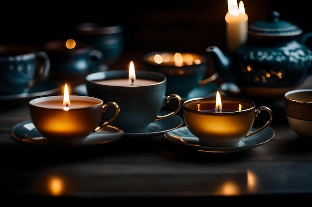Tea cups with a candle in the middle of them