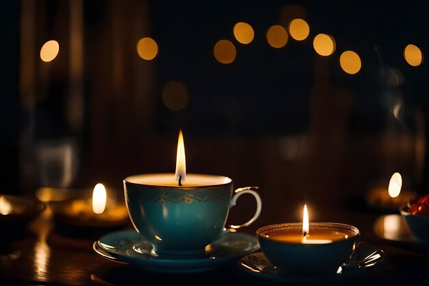 Foto tazze da tè con una candela al centro