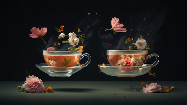 tea cups with flowers on a dark background