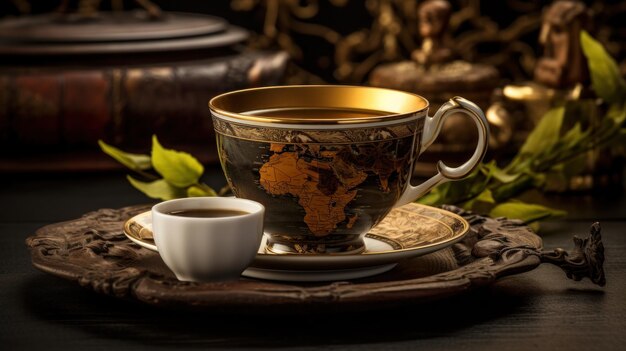 Photo tea day a large cup of hot tea with a map of the earth on a saucer with a cup of maple syrup on a table quality