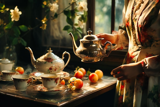 tea and desserts on a table on a spring day