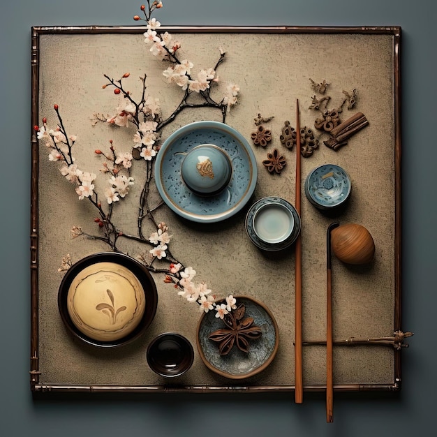 tea dishes cups and spoons with flowers and fruit on a plate