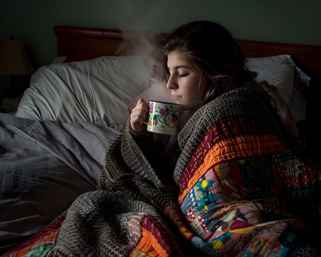 Tea drinken in bed, stoom stijgen.