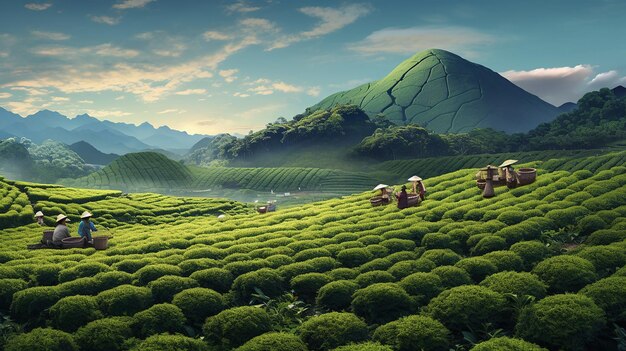 The Tea Factory Workers Harvesting Tea on Tall Grass Field