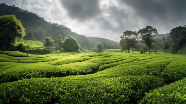 tea farm field outdoor scenery for organic cultivation generative ai