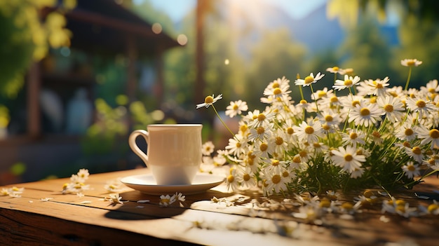 tea and flowers HD 8K wallpaper Stock Photographic Image