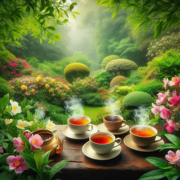 Tea garden with steaming cups of teas beautiful tea garden Happy National Hot Tea day