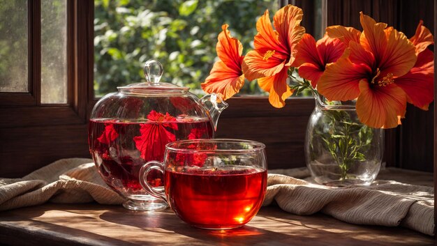 Tea in a glass cup hibiscus flower