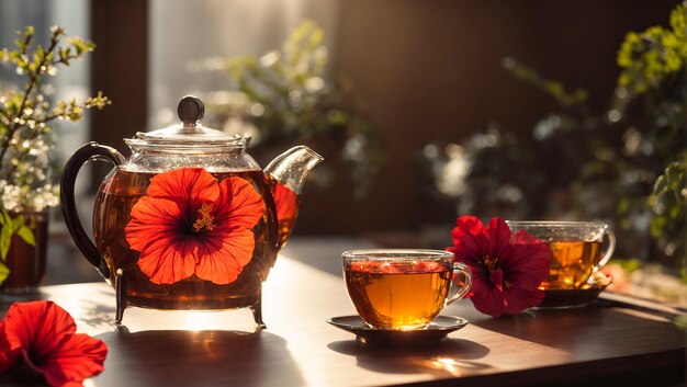 Photo tea in a glass cup hibiscus flower