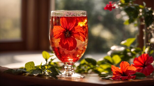 Photo tea in a glass cup hibiscus flower