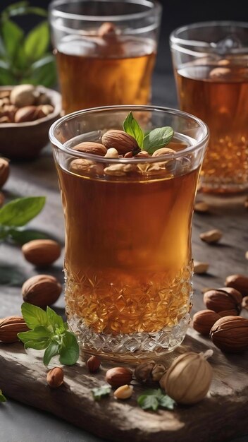 Tea glass with nuts herbs and beads