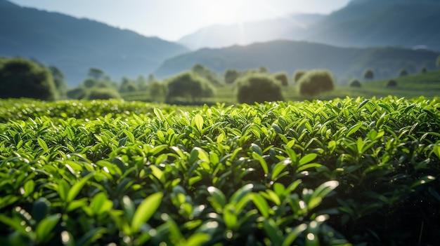 Tea Haven Реалистичная фотография поля чайных растений в высоком разрешении