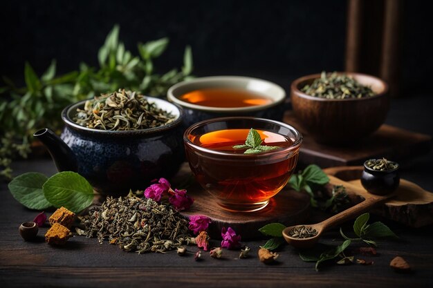 Tea herbs in a bowls with wood stubs and a cup of tea high angle view on a dark textured background space for text