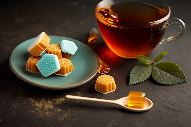 Tea and honey with mint sugar candy in shape of tablets for cough drops generative ai