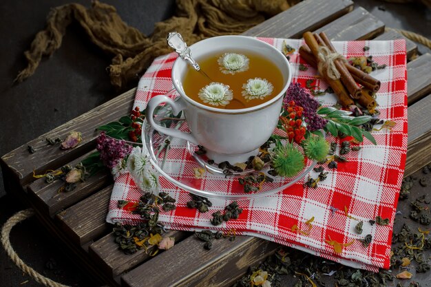 Tea hot drink on old background in composition on the table