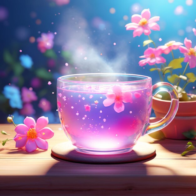 写真 ピンクの花と青いお茶をつけたカップで茶を飲み背景の茶がぼんやりしているテーブルの上に