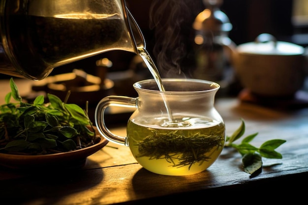 tea is poured into a cup and is pouring into a cup.