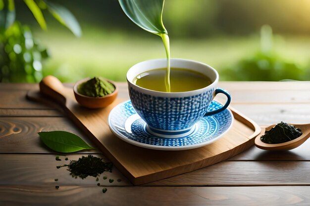 Tea is poured into a cup with tea leaves