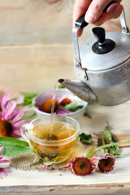 Tea is pouring from the kettle. Echinacea tea.