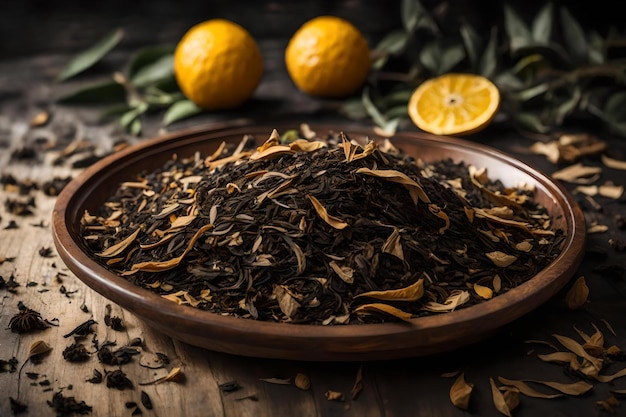 Tea leaves in a bowl with lemons and bergamot