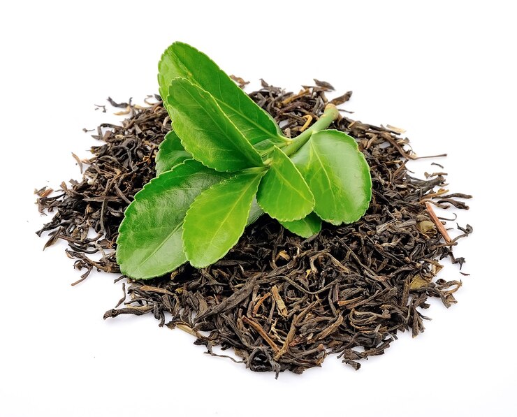 Tea leaves on a white background