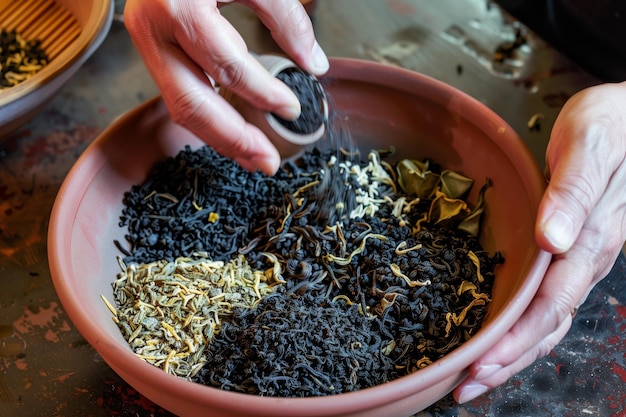 Tea master blending various teas in a bowl